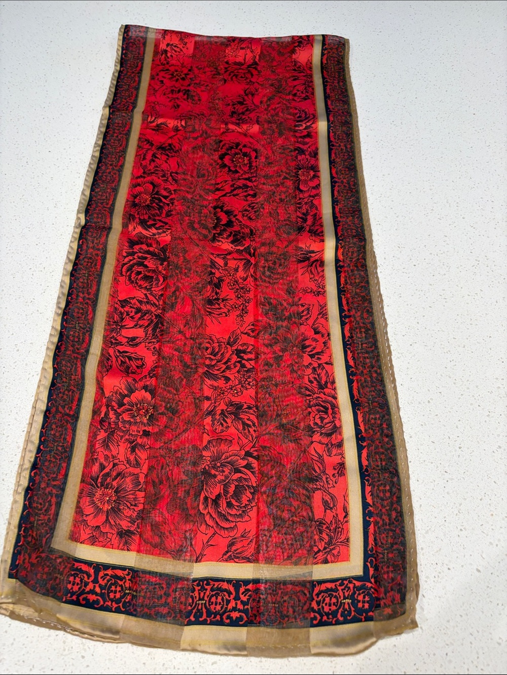 Vintage Red Silk Floral Border Women's Scarf.